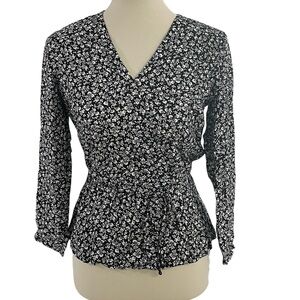 Beautiful Black and White Floral Print Blouse with String Tie Size XS